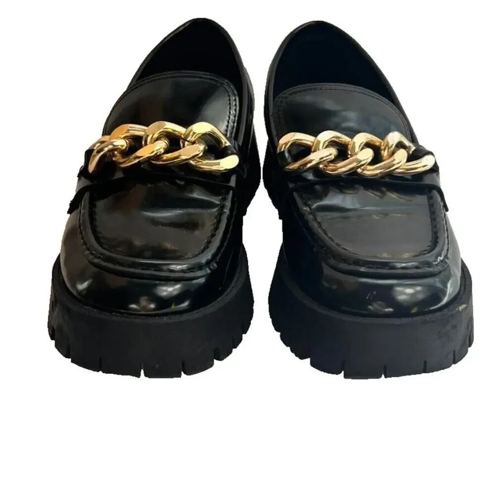 Guess Shoes Loafers Womens 8M Black Gold Tone Chain Lug Sole Chunky Platform